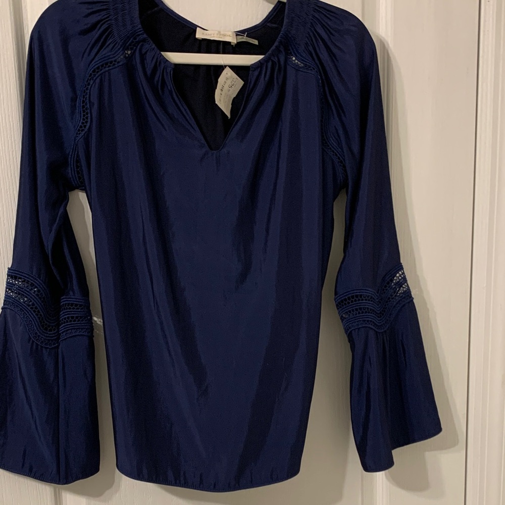 NWT- Rammy Brook Navy silk top with Bell Sleeves